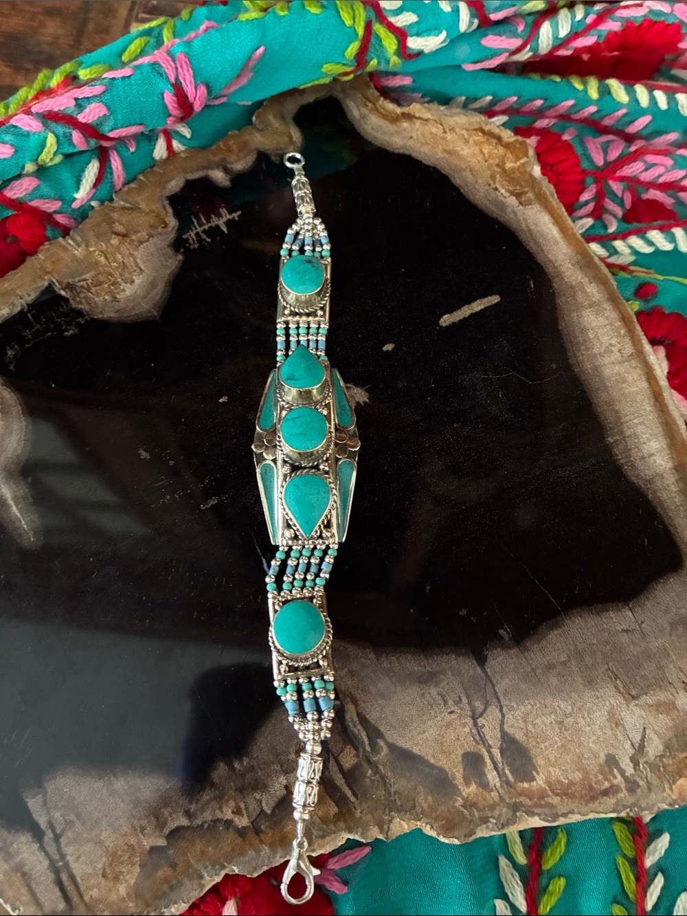 Turquoise Stone Beaded Silver Bracelet - Women Jewelry - Picture 2 of 5